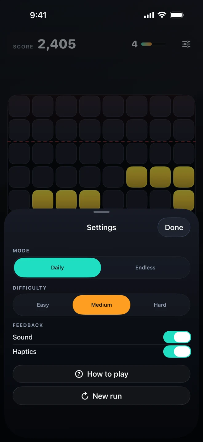 The in-game settings sheet: Daily and Endless mode buttons, Easy, Medium and Hard difficulty, and sound and haptics toggles.