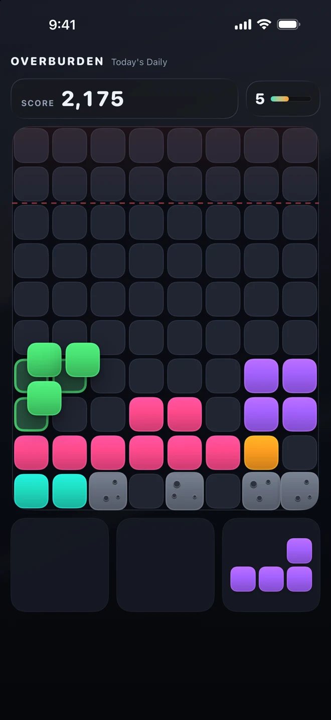 The App Clip playing today's Daily board, headed OVERBURDEN — Today's Daily, with no install prompt in the way.